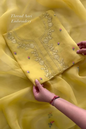 Pure Organza Silk Kurta & Dupatta with Intricate Thread Aari Embroidery & Cotton Satin Lowers ✨💛