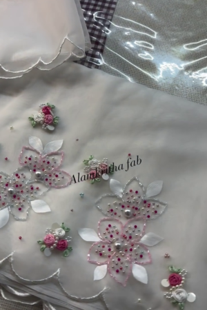 Stunning Organza Saree with Delicate Chest Embroidery, Scalloped Edges & Matching Running Blouse – Grace in Every Drape