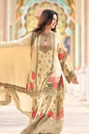 Stylish Chikoo Viscose Embroidered Designer Sharara Plazo Salwar Suit