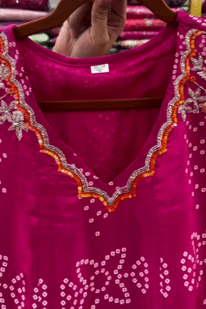 New Rani-Pink Silk Handwork Kurti-Pant With Dupatta