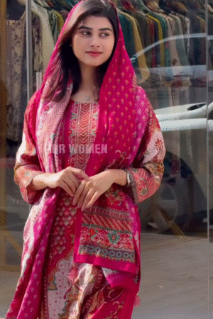 New Superb Pink Color Maslin Embroidery Printed Mirror Salwar Suit Set