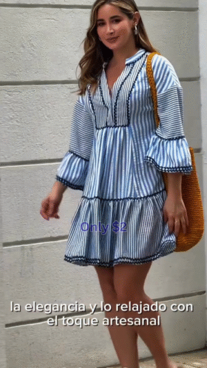 Blue Striped Boho-Chic Cotton Flare Dress – Handcrafted Style With Breezy Comfort For Only $2