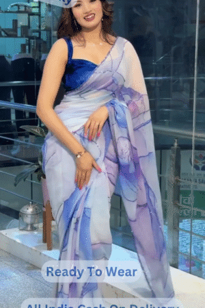 White & Lavender Organza Saree with Watercolor Print & Sequin Detailing | Paired with Royal Blue Velvet Blouse – Elegant Designer Party Wear