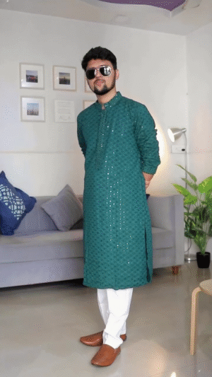 Emerald Green Sequin-Embroidered Kurta – A Dazzling Statement for Festive Evenings