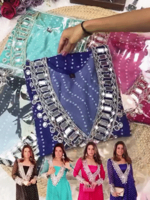 🌟 Designer Bandhej Mirror Work Anarkali Kurta Set 🌟 With Heavy Embellished Neck & Sleeve Detailing | Available In Multiple Festive Colors