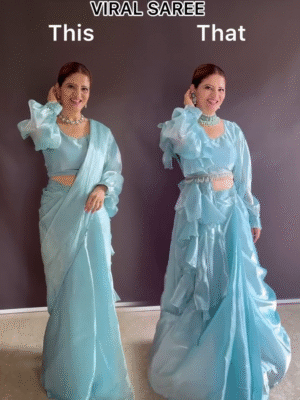 💫 Ready-To-Wear Ruffle Saree In Jimmy Choo Fabric With Chic Ruffle Pallu, Border Lace Detailing & Stitched Blouse – Perfect For Elegant Celebrations