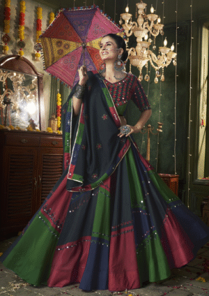 Multi Color Thread Mirror Embellished Maslin Cotton Lehenga Set